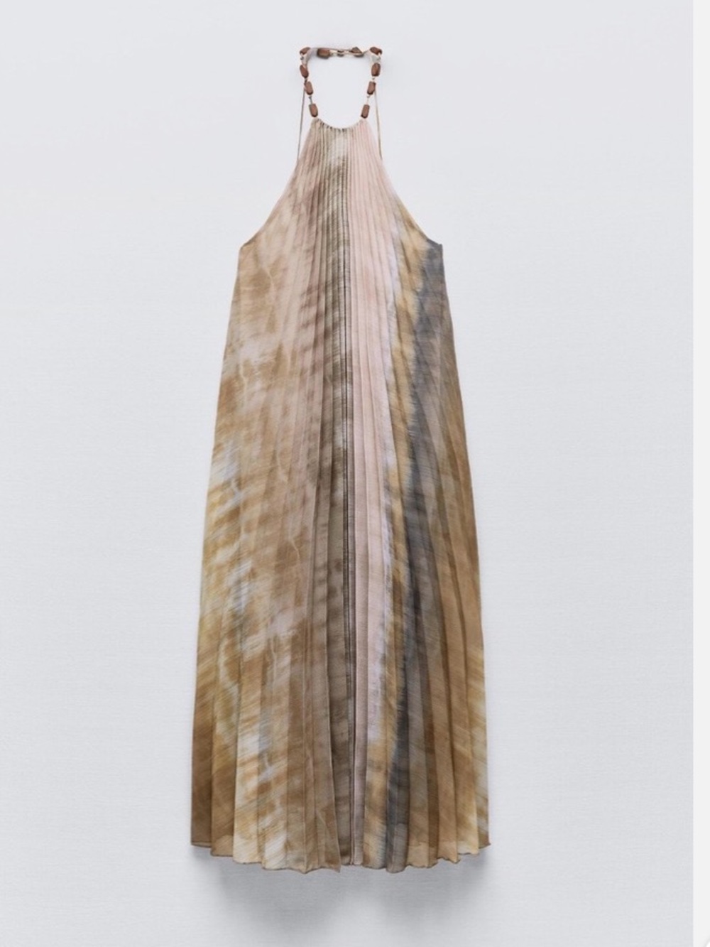 Beaded-Halter Pleated Maxi Dress in Neutral Browns and Pink